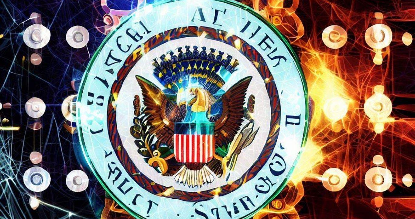 An AI-generated image featuring a collaboration between the US Secret Service emblem and blockchain-inspired elements, representing the fusion of traditional security measures with cutting-edge technology.
