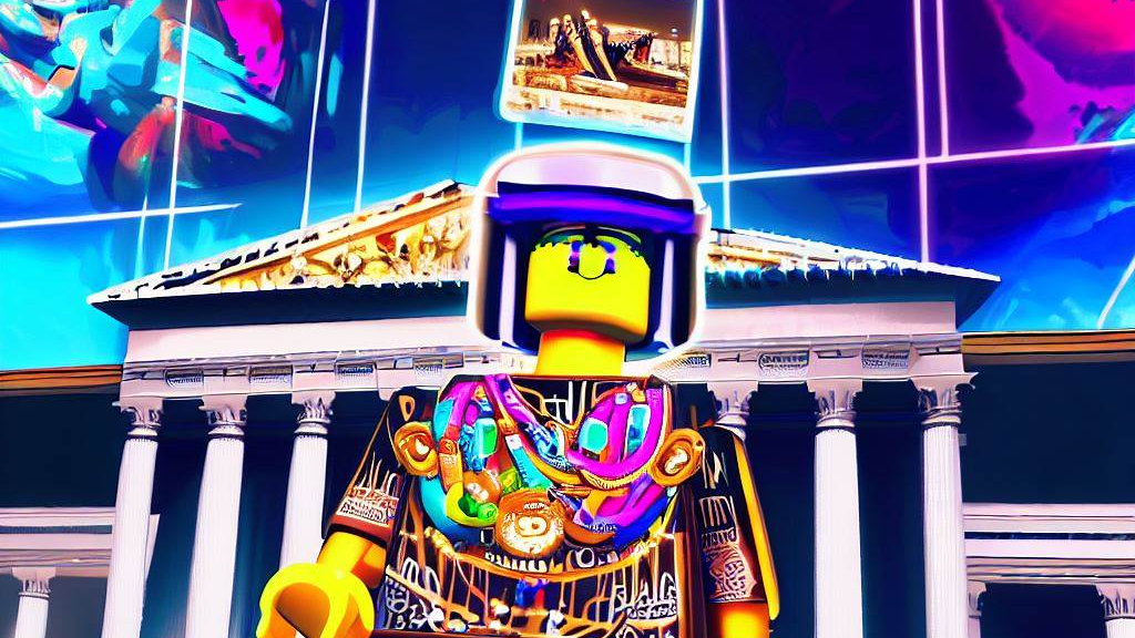 A vibrant depiction of a Roblox avatar adorned with digital wearables inspired by iconic artworks, set against the backdrop of The Met's virtual space, capturing the essence of this innovative collaboration.